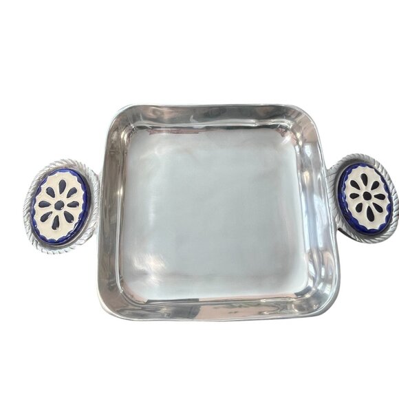 Vintage Heavy Aluminum Silver Serving Tray Ceramic Blue Handle Detail 8"x8" - Picture 1 of 6